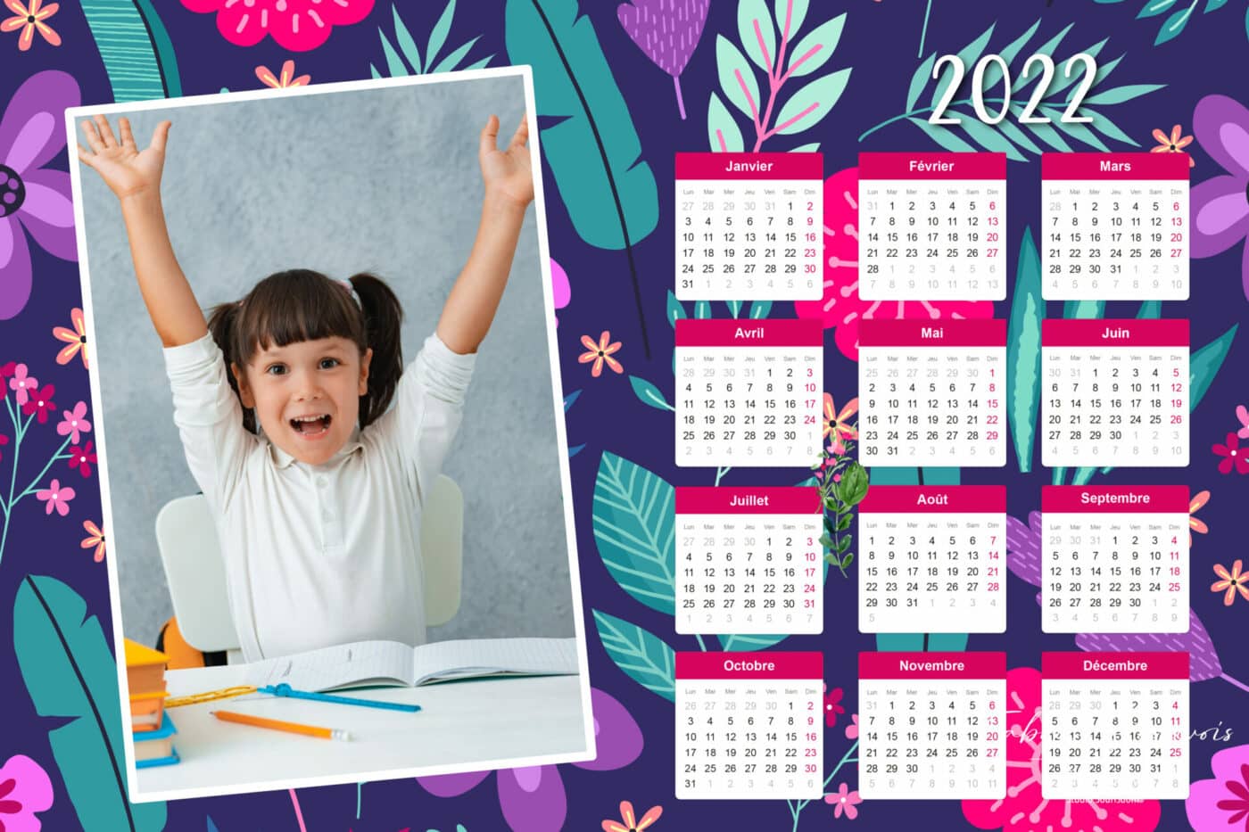 Calendrier avec photographie, modèle présenté : Feuilles