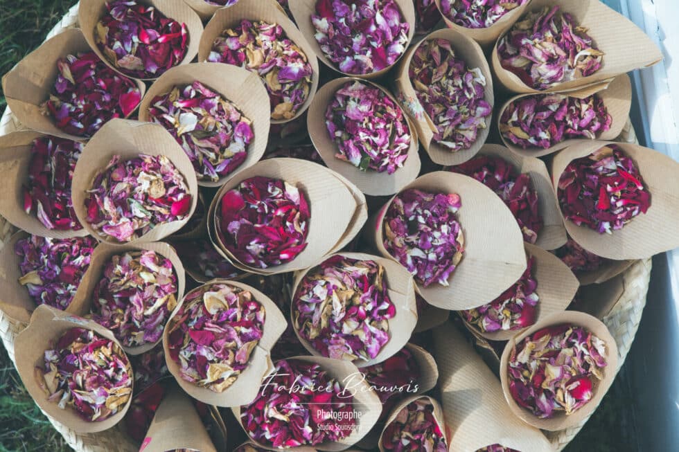 Pétales de fleurs séchées pour célébrer la fin de la cérémonie religieuse