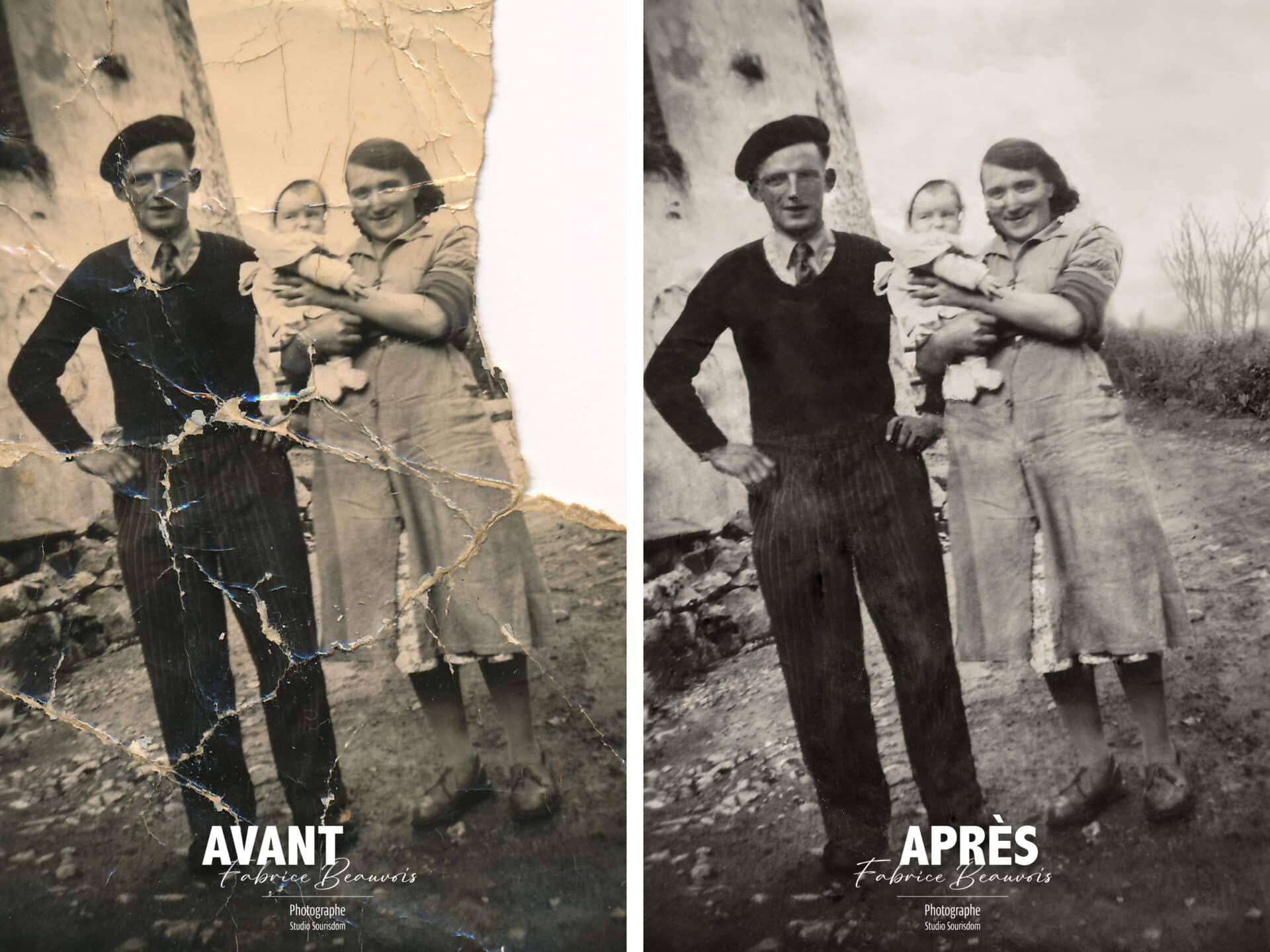 Photo déchirée et avec un élément manquant avec une intervention de restauration complète par Fabrice Beauvois artisan photographe du Studio Sourisdom